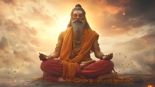 Sunlit ascetic in lotus posture amid atmospheric cloud field.