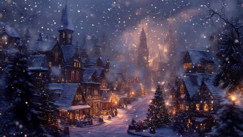 Snow covered village street shows illuminated winter night