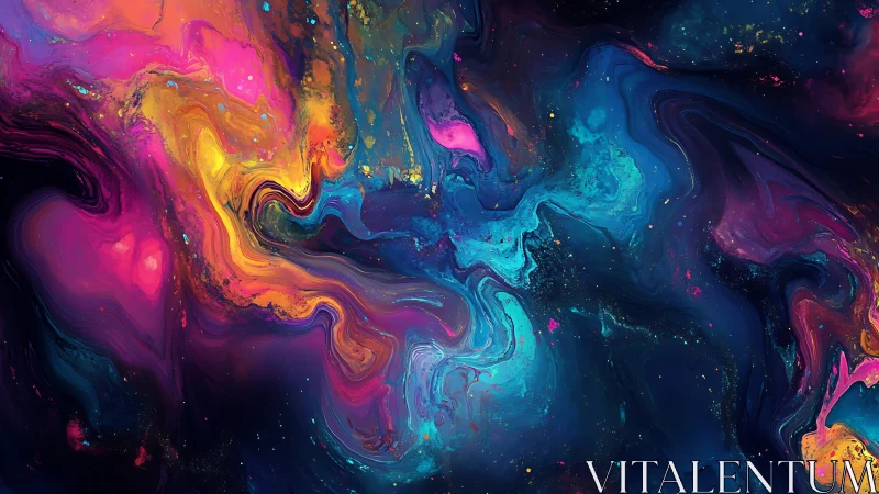 Neon fluid nebula swirls merge within deep cosmic blues