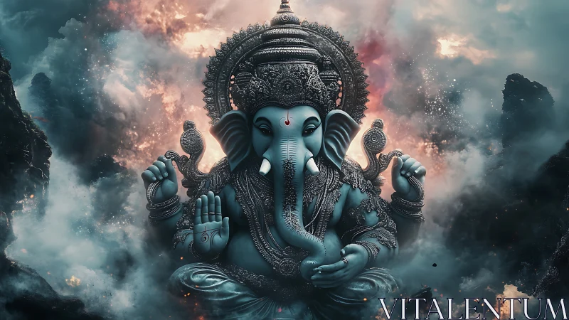 Majestic Ganesh deity sits in swirling cosmic clouds