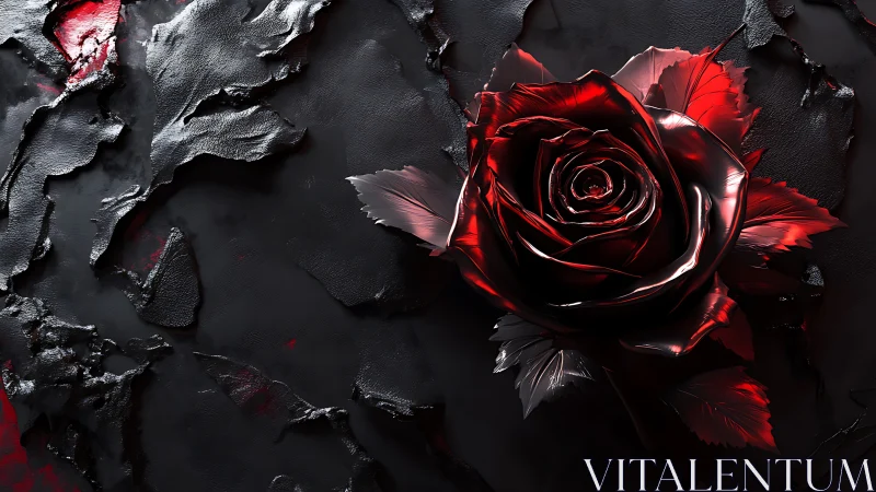 Luminous crimson rose glowing against dramatic dark textures.