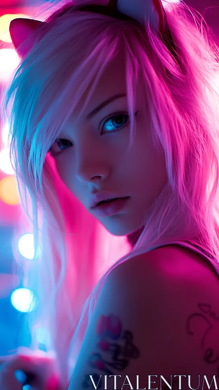 Neon neko gaze in cotton candy cyberpunk glowstorm.
