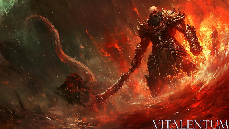 Armored demon warlord emerges through incandescent lava storm