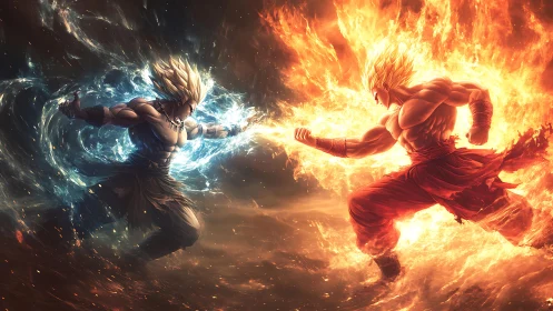Elemental warriors collide in high-energy fire and water aura clash