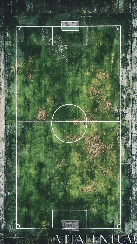 Weatherworn football field from above, where moss meets memory.