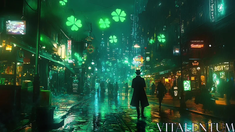 Silhouetted figure walks through neon shamrock city street