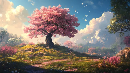 Pink blossom tree dominates sunlit spring meadow landscape