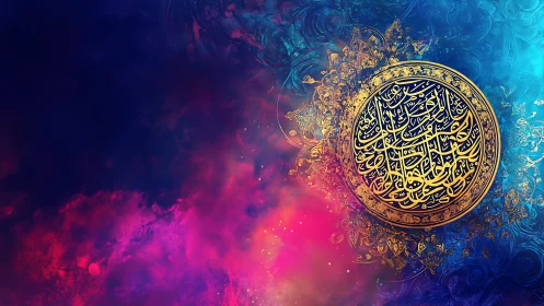 Circular Arabic calligraphy emblem overlays multicolor nebula