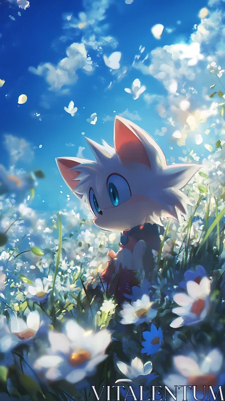 Foxlike character rests in luminous daisy field under sky