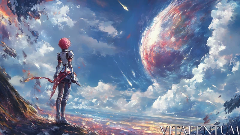 Stargazer on the cliff watching a swirling painted planet.