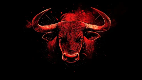 Red luminous bull head rendered with dynamic digital linework