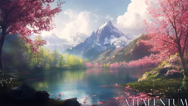 Mountain lake with snow peaks and flowering trees in spring.