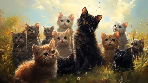 A Gathering of Cats in the Golden Meadow at Sunset