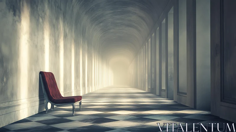 Red lounge chair sits in long sunlit corridor perspective