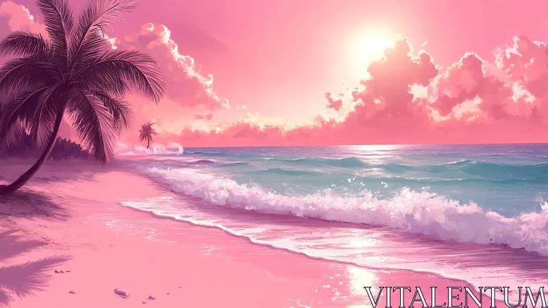 Pink tropical shoreline under radiant pastel sunset glow.