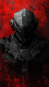 Cybernetic black armored sentinel against scarlet field.