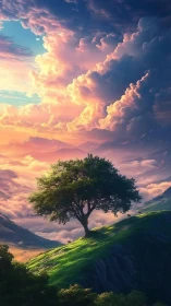 Solitary tree on elevated ridge under dense sunset clouds.