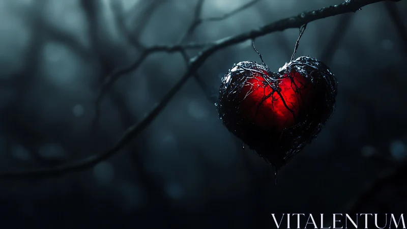 Frozen Crimson Heart Suspended on Dark Branch.