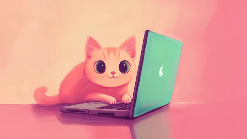 Soft 3D Feline Character Engaged with Gradient Mint Laptop.