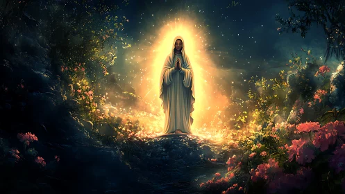 Radiant robed figure stands in luminous forest clearing