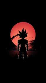 Saiyan warrior silhouette against dramatic crimson moon.