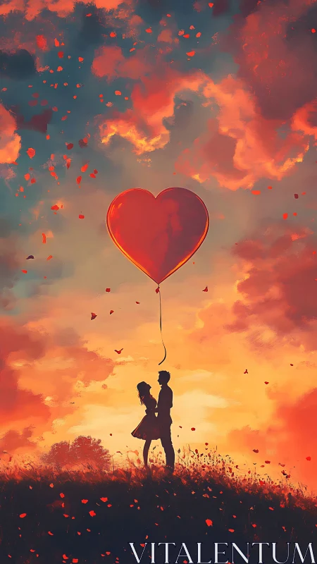 Romantic silhouette couple beneath giant heart balloon at sunset.