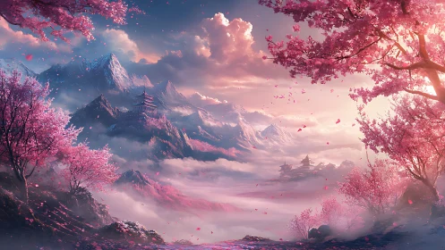 Dreamy cherry blossom valley cradled by misty mountains.