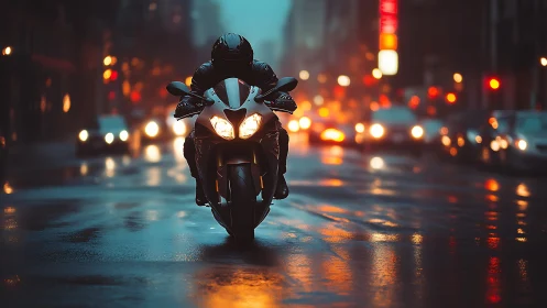 Sport bike cuts through wet neon city traffic at dusk.