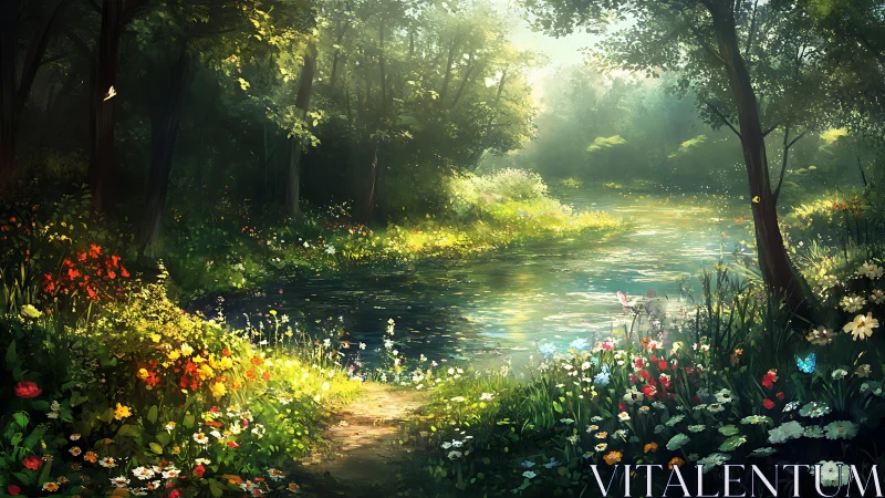 Radiant woodland pond with floristic spectrum and depth cues.