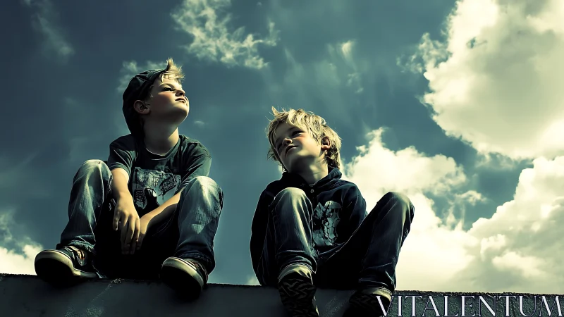 Children gaze skyward. Wonder against cloud-swept blue.