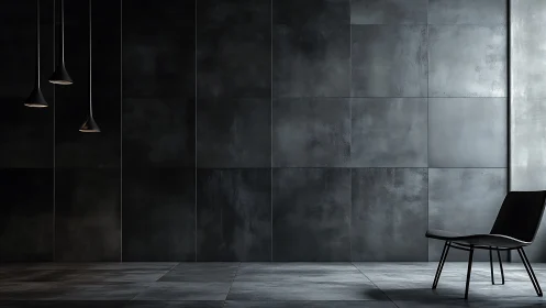 Minimalist interior space with concrete wall panels and pendant lighting