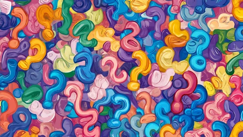 Colorful question marks overlap in dense painted pattern
