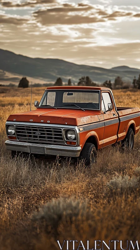 Rustic orange classic pickup truck in golden prairie sunset