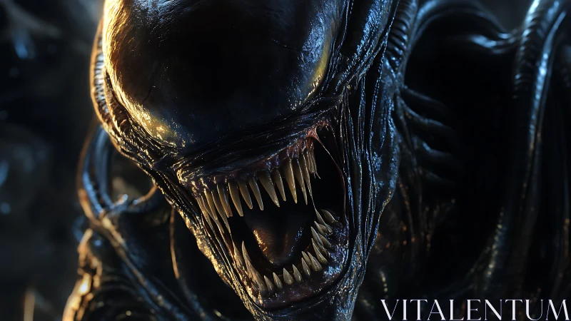 Nightmarish alien creature bares rows of gleaming fangs.
