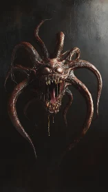 Grotesque tentacled monster head floats against dark void