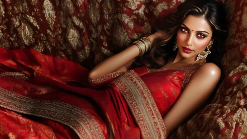 Opulent woman reclining in red embroidered silk sari portrait.