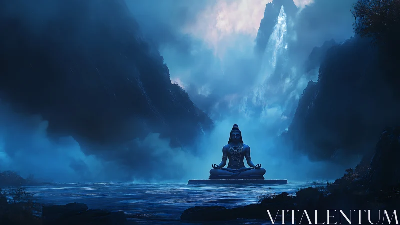 Serene Shiva statue in misty blue mountain valley at dusk.