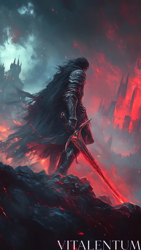 Dark knight surveys a burning hellscape of jagged crimson spires