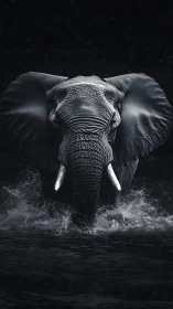 Majestic elephant charging through dark reflective water.
