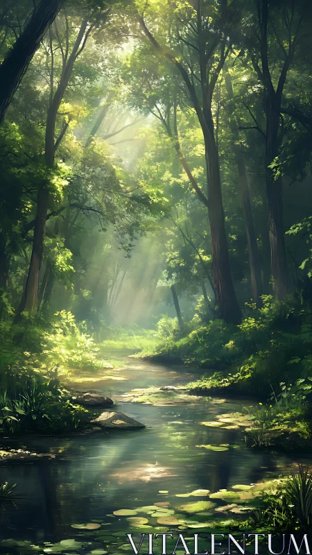 Sunlit Forest Stream Where Nature's Quiet Magic Flows.