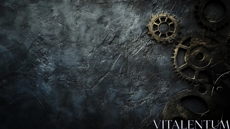 Rusty gear wheels rest on dark textured stone surface