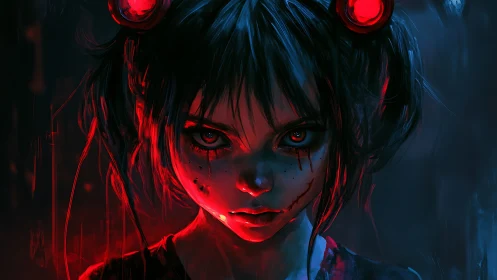 Neon-lit haunted girl stares with glowing, unsettling eyes.