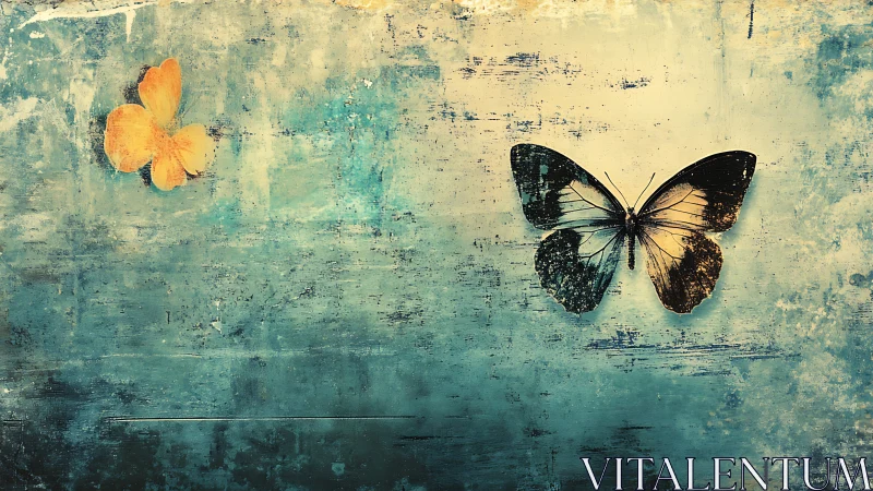 Contrasting butterflies drift across textured teal sky.