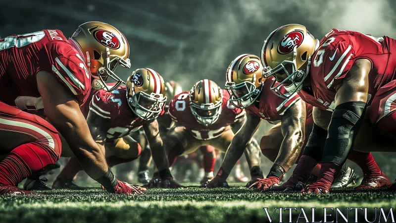 Gridiron line of scrimmage in dynamic low-angle stadium view