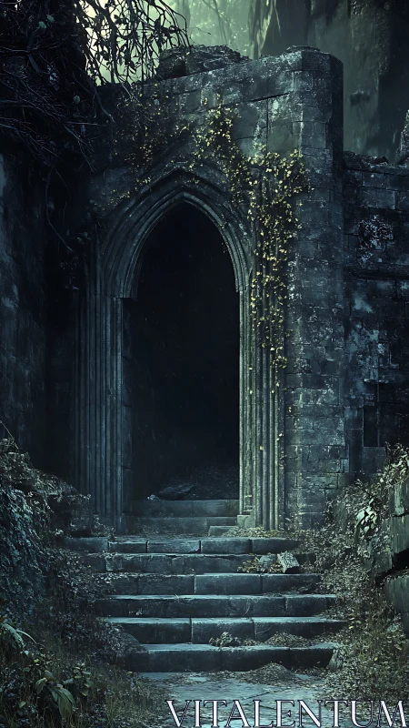 Weathered stone doorway into dark overgrown ruin.