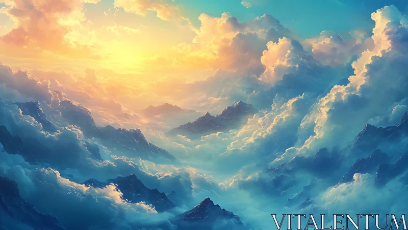 Sunlit clouds roll over stylized blue mountain peaks