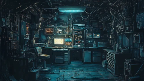 Neon-lit hacker bunker hums beneath a maze of shadowed wires.