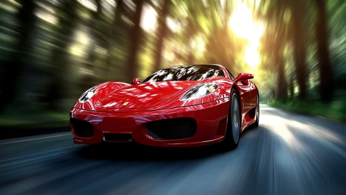 Red sports car glides through sunlit forest road in motion