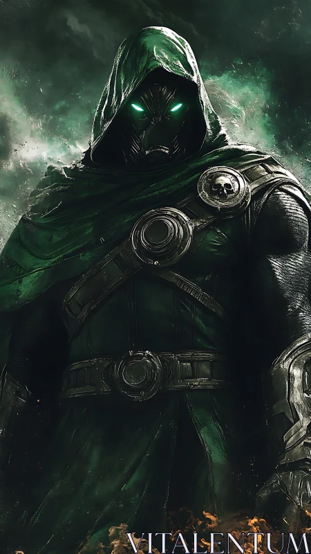 Hooded armored figure with glowing green eyes stands forward