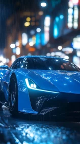 Neon rain crowns a blue hypercar stalking the slick city